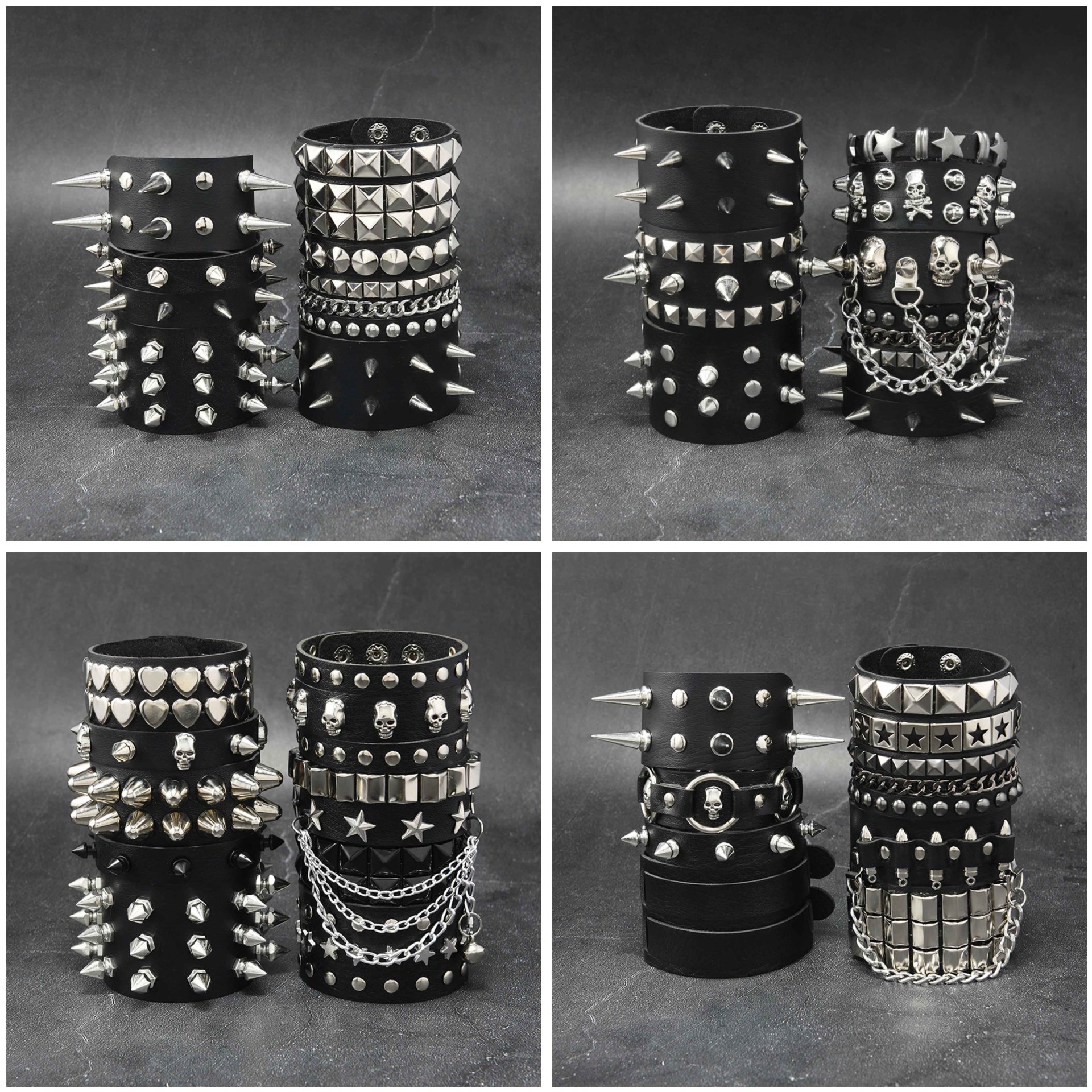 9-Piece Set of Cross-Border Fashion Punk Gothic Skull Studded Dark Retro Couple Leather Pu Bracelets