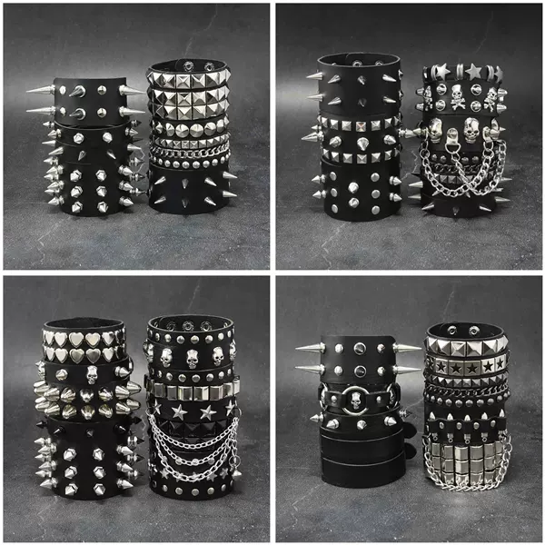 9-Piece Set of Cross-Border Fashion Punk Gothic Skull Studded Dark Retro Couple Leather Pu Bracelets