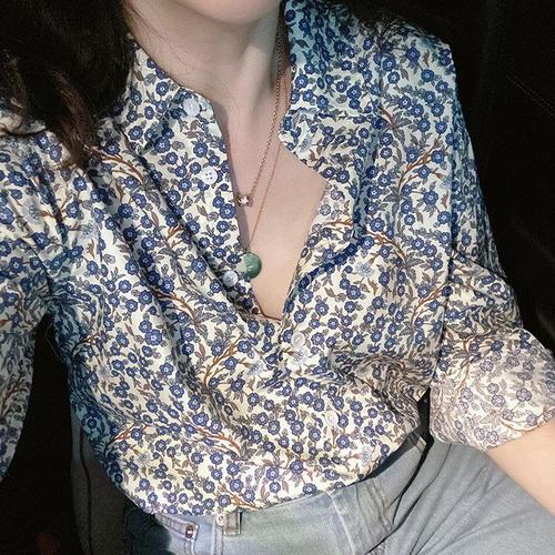 French-style niche literary retro blouse, new vine pattern floral print loose plus-size slimming tunic top long-sleeved shirt