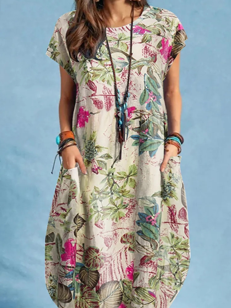 Short Sleeve Sleeve Length Irregular Skirt Dresses Type Regular Sleeve Sleeve Type Cotton and Linen Fabric Type Holiday Occasion Wholesale Women'S Vintage Style Plant Holiday Round Neck Short Sleeve Irregular Skirt
