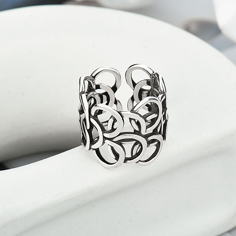 韩国几何复古戒指女925纯银时尚个性ins古欧美夸张蹦迪开口食指环