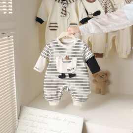 婴幼儿宝宝休闲条纹连体衣外出哈衣抱服拼色袖子撞色元素可爱卡通