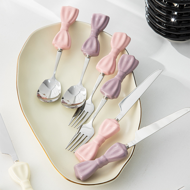 Ins Style Large Bowknot Creative Ceramic Handle 304 Stainless Steel Knife High Appearance Fork Dessert Spoon_voghion.com