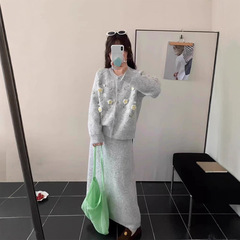 韩国chic秋季温柔气质立体刺绣花朵毛衣外套女+高腰针织半身裙子