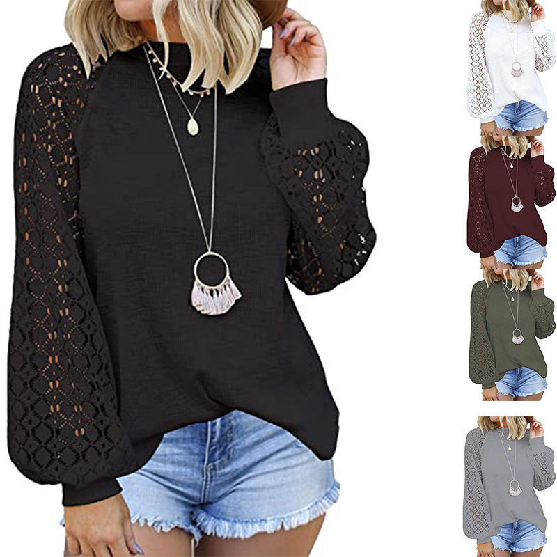 2025 European and American Export Cross-Border New Amazon Independent Station Round Neck Long-Sleeved Lace Splicing Loose Top for Women