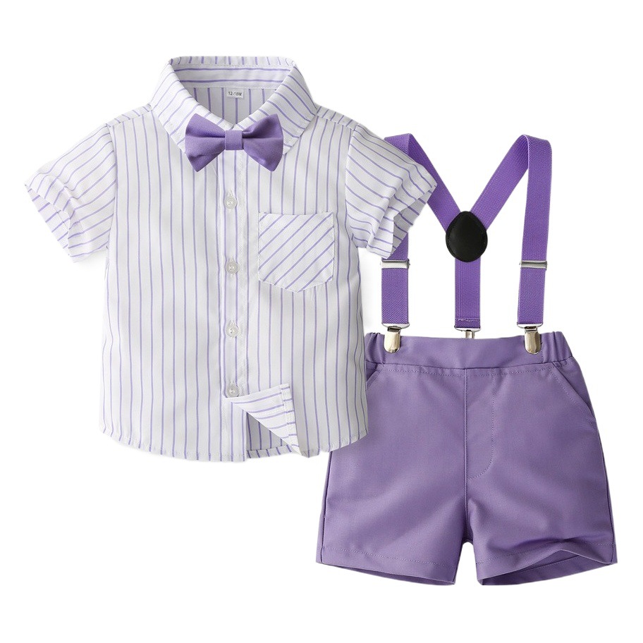 FUENTE Suministro de primera mano de fábrica Traje de verano para nuevos niños Camisa de rayas de estilo británico Vestido de caballero Conjunto de tres piezas
