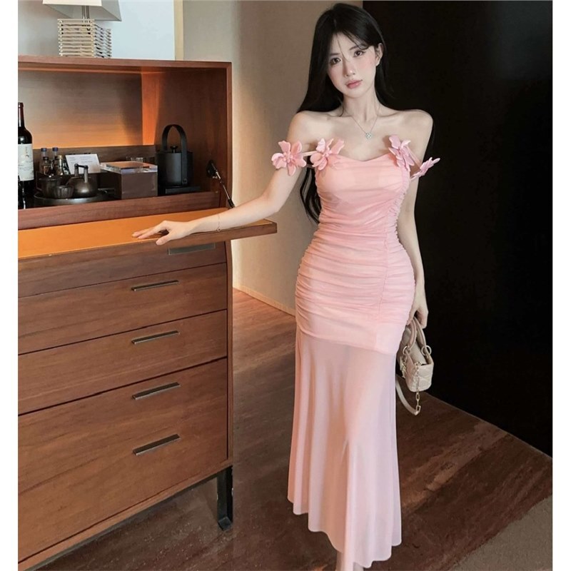 French-Style Pink Mesh Spaghetti Strap Dress, Stunning Seaside Vacation Beach Ruched Waist, Open-Back, Hip-Hugging Long Dress