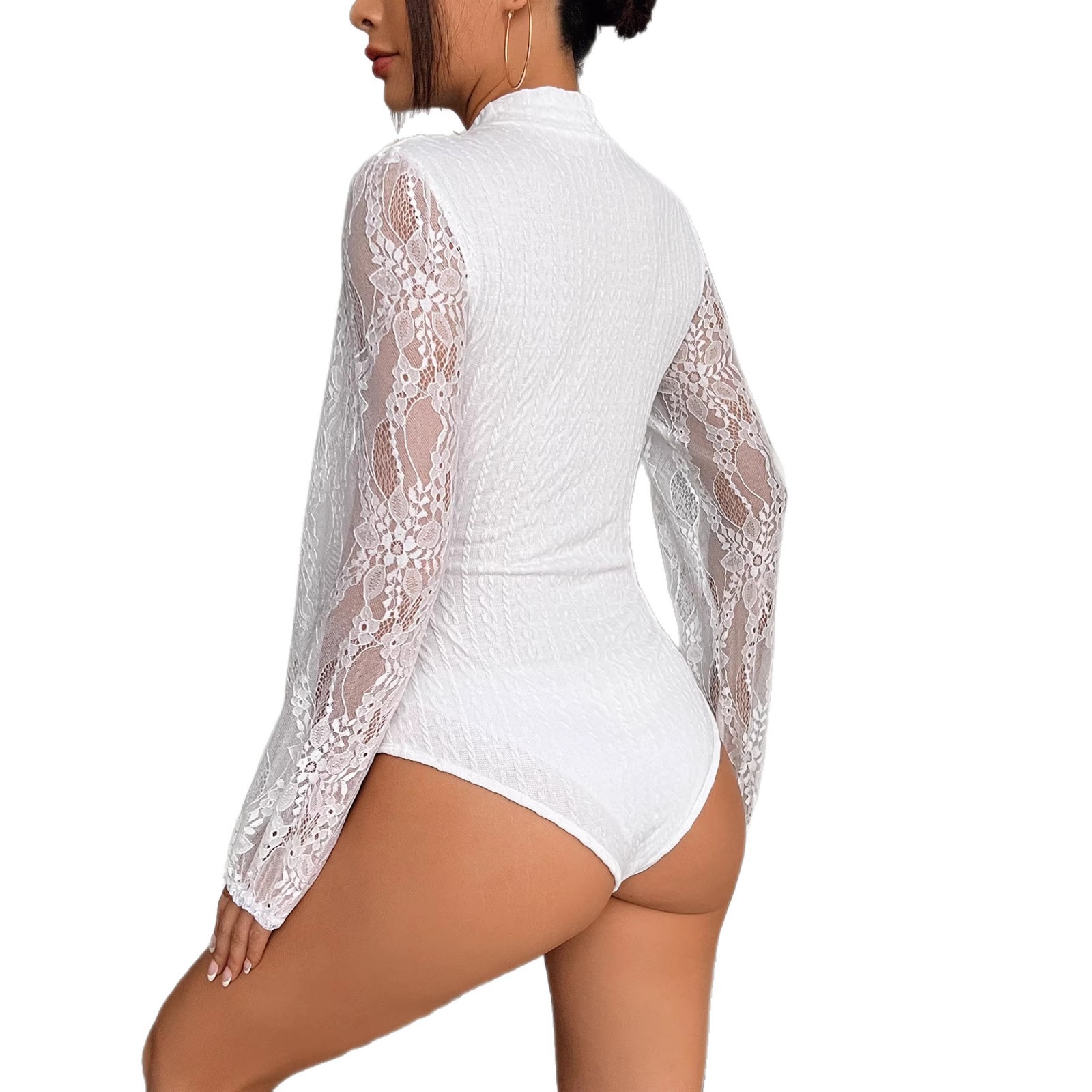 Mono corto de manga larga con encaje para mujer, nuevo modelo de primavera._voghion.com