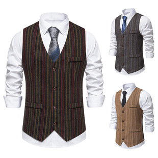 Foreign trade Amazon new European size men's single-breasted V-neck suit vest fashion striped suit vest waistcoat