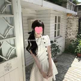 韩系学院风白色波点连衣裙女夏日绝美设计感收腰褶皱少女公主裙子