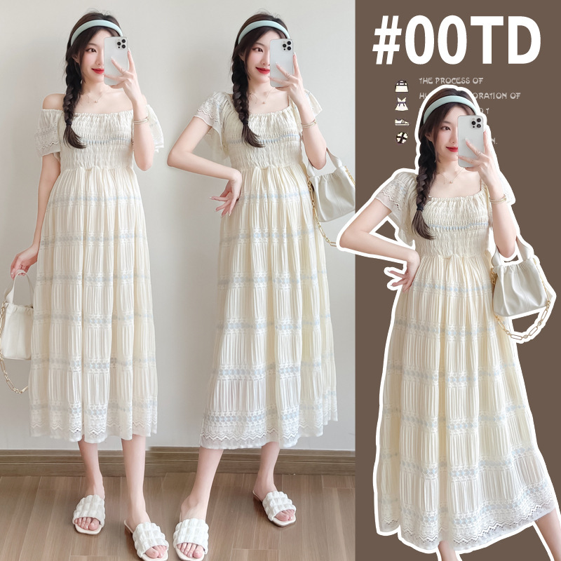 French lace stitching pleated slimming mid-length pregnant women's dress
