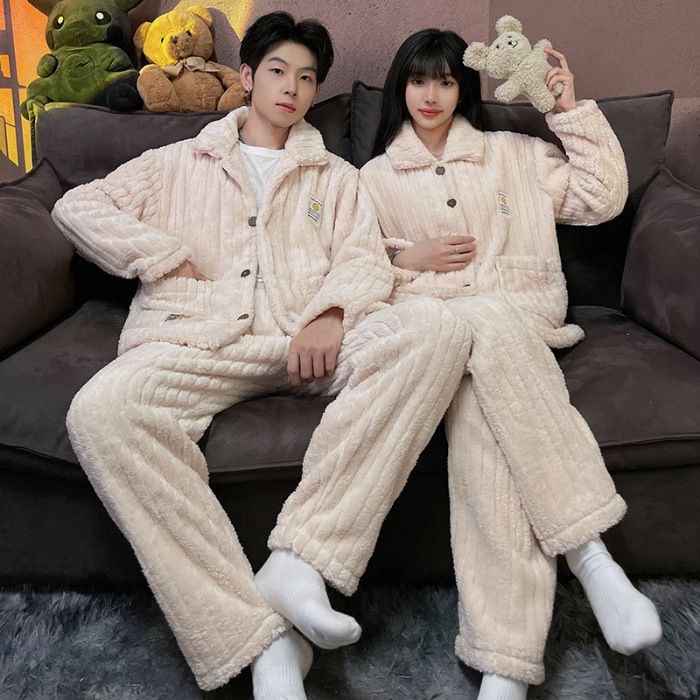 Superior coral azul pijamas pareja de felpa solapa Otoño e Invierno cardigan manga larga engrosada caliente desgaste del hogar traje