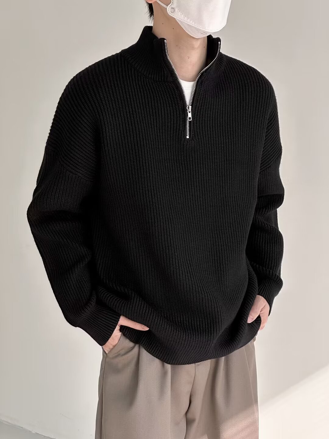 Suéter masculino de malha com meio zíper – Pulôver estiloso com tecido respirável e resistente a manchas (cinza/preto/azul/cáqui, tamanhos M-3XL)_voghion.com