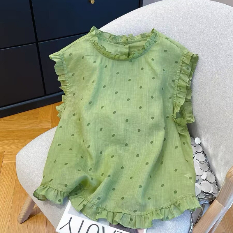 French-Style Elegant Cotton and Linen Polka Dot Sleeveless Vest for Women with Ruffled Edges, Round Neck, Loose Fit, Breathable Summer Casual Shirt Top