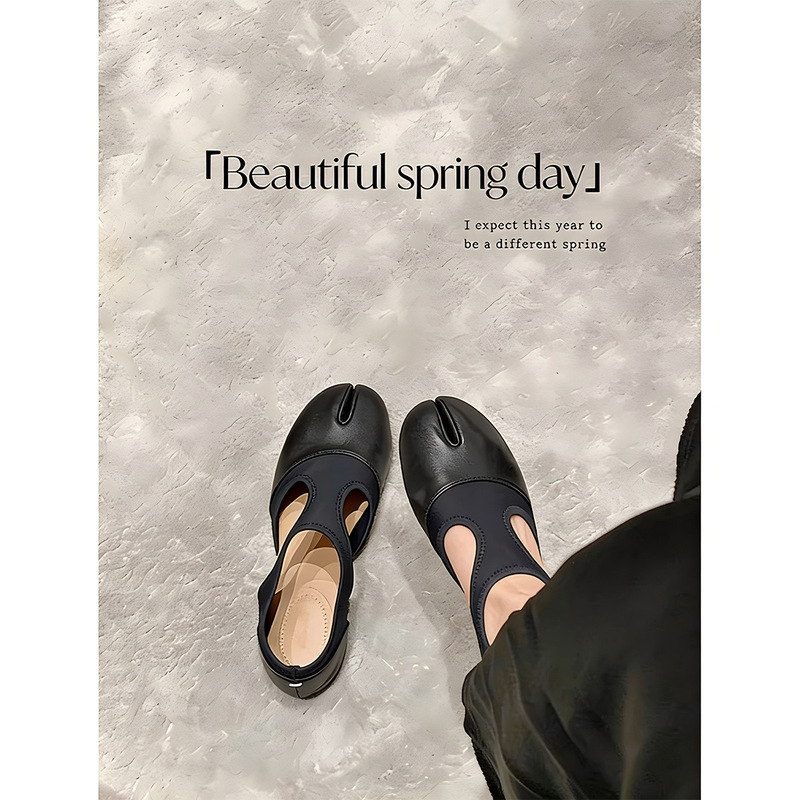 Vintage Soft Leather Patchwork Hollow Ballet Flats for Women, Mary Jane Pig's Hoof Split-Toe Shoes Vintage Soft Leather Patchwork Hollow Ballet Flats for Women, Mary Jane Pig's Hoof Split-Toe Shoes