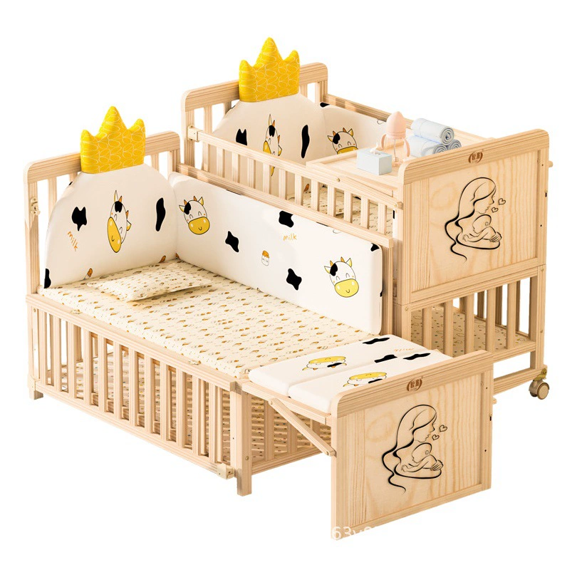 Детская кроватка Сращивание Большая кровать Массивное дерево без краски Многофункциональная детская кроватка-колыбель Кровать для новорожденных Подвижная детская кровать