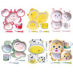 Bamboo fiber children's tableware set cartoon food bowl baby eating compartment plate children's dinner plate spoon fork cup