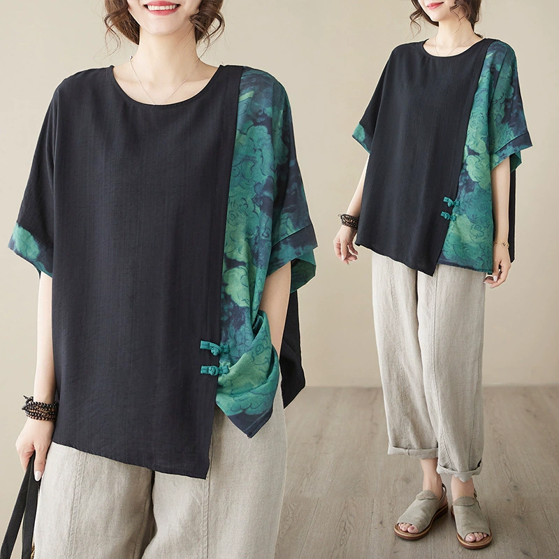 Настоящий выстрел 2023 летняя новая художественная ретро-футболка больших размеров из хлопка и льна с вышивкой для отдыха женская пухлая девушка тонкая футболка с коротким рукавом