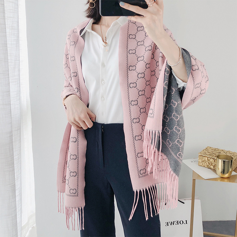 秋と冬の模造カシミヤ暖かいジャカードショートひげタッセルスカーフ女性の幾何学的な空調ショールスカーフ文学スタイル|undefined