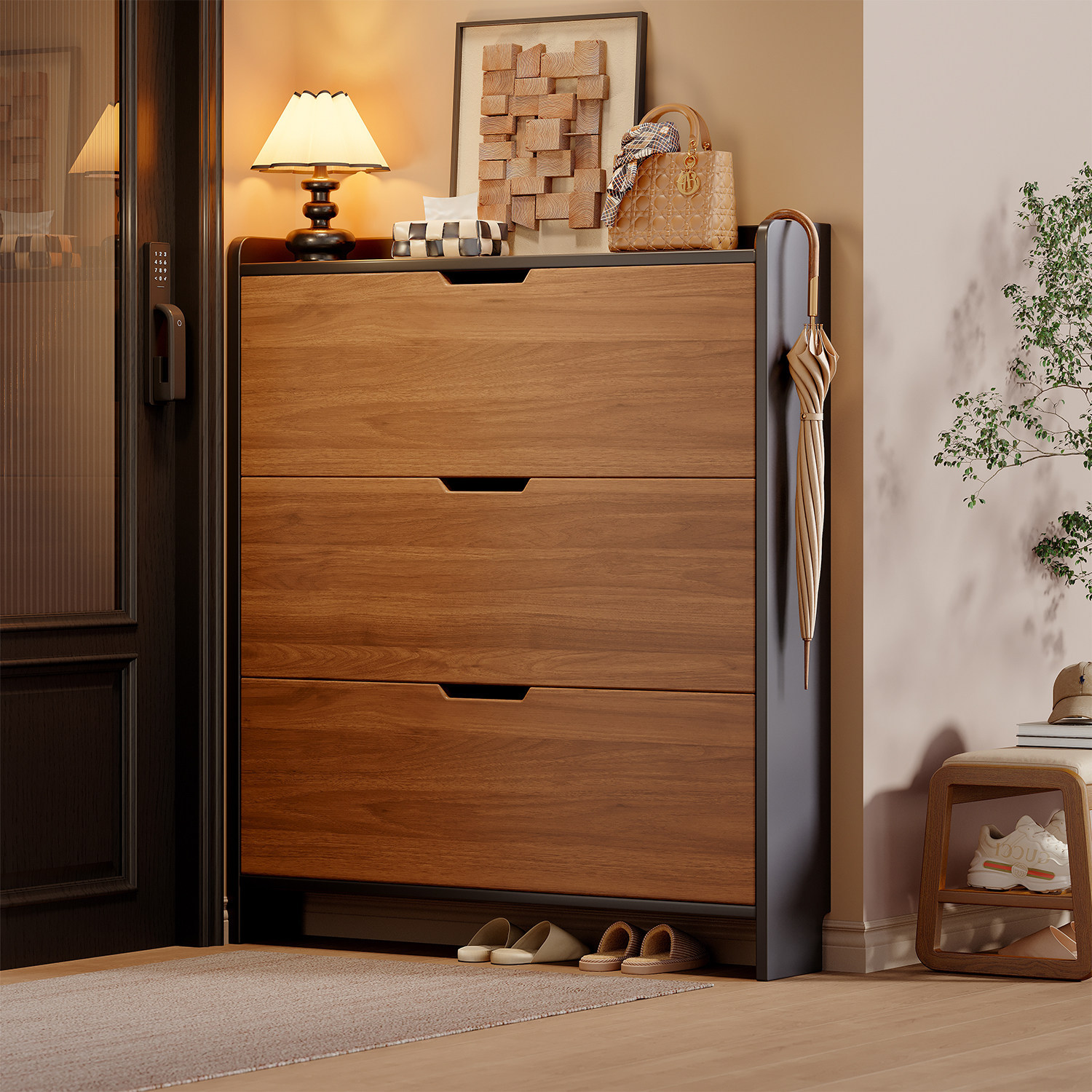 Gabinete de zapatos de madera sólida ultra delgada puerta doméstica puerta de entrada gabinete de almacenamiento contra la pared 2026 nuevo pequeño estante de zapatos estrecho