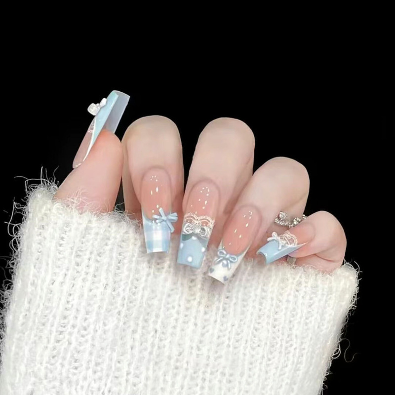 Handmade Manicure Wearable Nails White Blue French Lace Bow Removable Nail Patch Fresh Handmade Manicure Wearable Nails White Blue French Lace Bow Removable Nail Patch Fresh