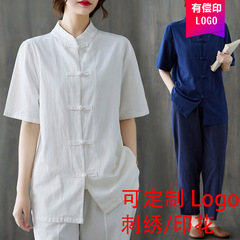 春夏中国風綿麻レトロボタン付き在家服禅ルーズ仏教スタンドカラータングスーツ茶人服太極拳スーツ