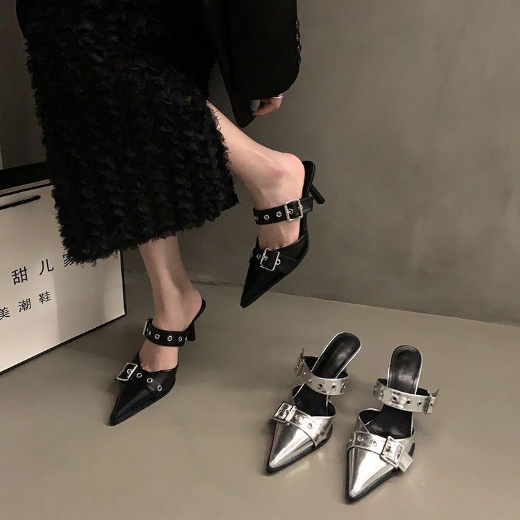 Sexy high heels pointed-toe stiletto heels, fashionable belt, buckle, mule, European style, summer 2025, closed toe