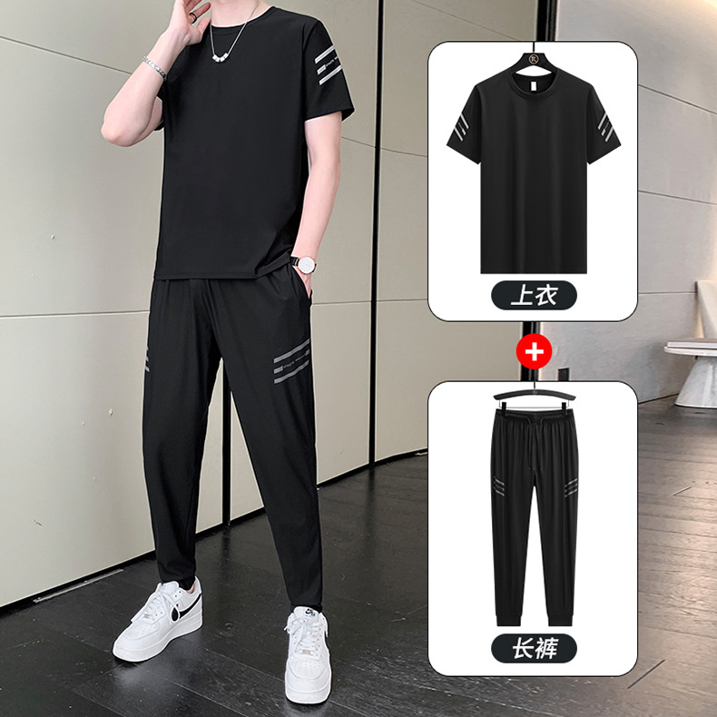 Verano traje de manga corta Camiseta deportiva de seda de hielo de los hombres con pantalones de secado rápido ins media manga camiseta casual traje de dos piezas