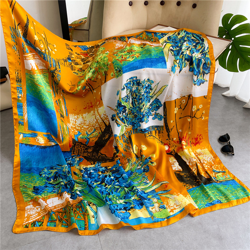 Écharpe quadrada dourada mulher xale floral presente dia da mãe_voghion.com