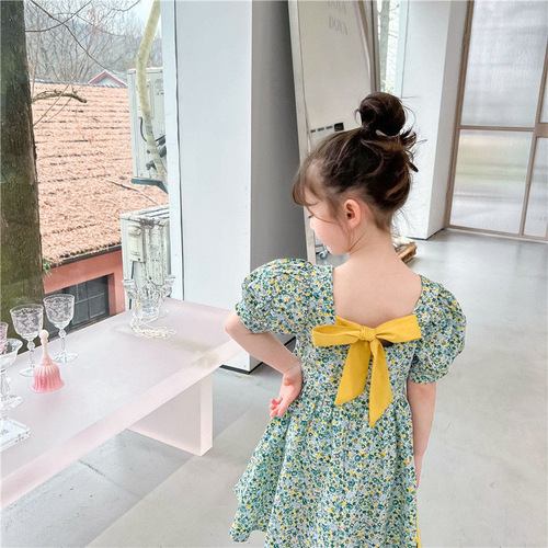 Girls' summer princess dress, baby girl Korean style, stylish middle and small children pure cotton short-sleeved floral dress