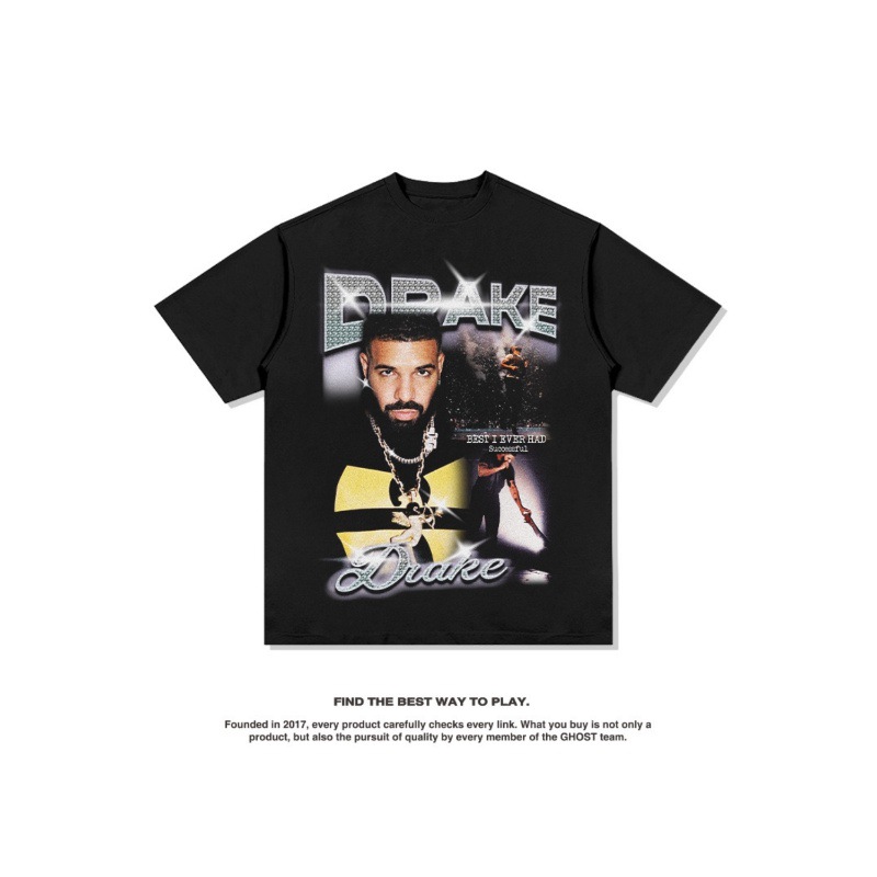 Drake hip hop rap americano street fashion estampado vintage hecho viejo lavado pesado suelto mangas cortas