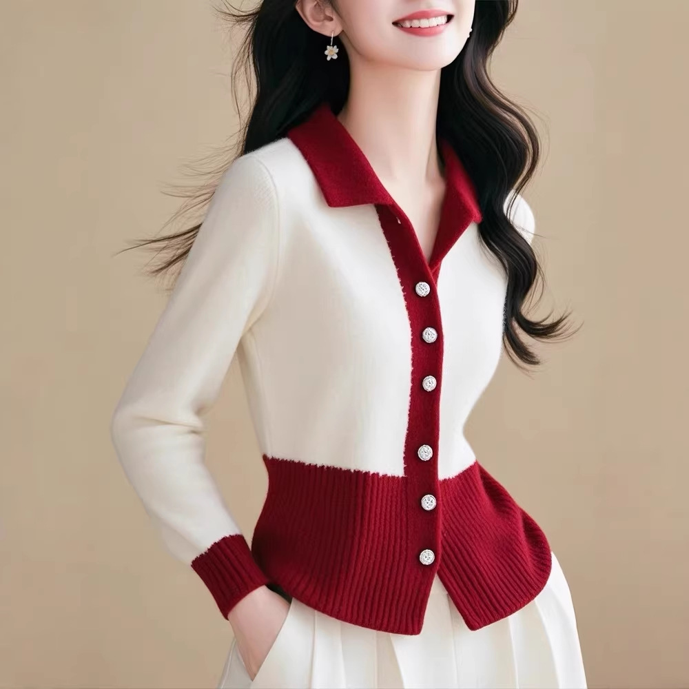 Áo len cardigan nữ cổ V dệt kim tay dài phối màu ôm dáng — Đánh vần màu đỏ và trắng chi tiết 5