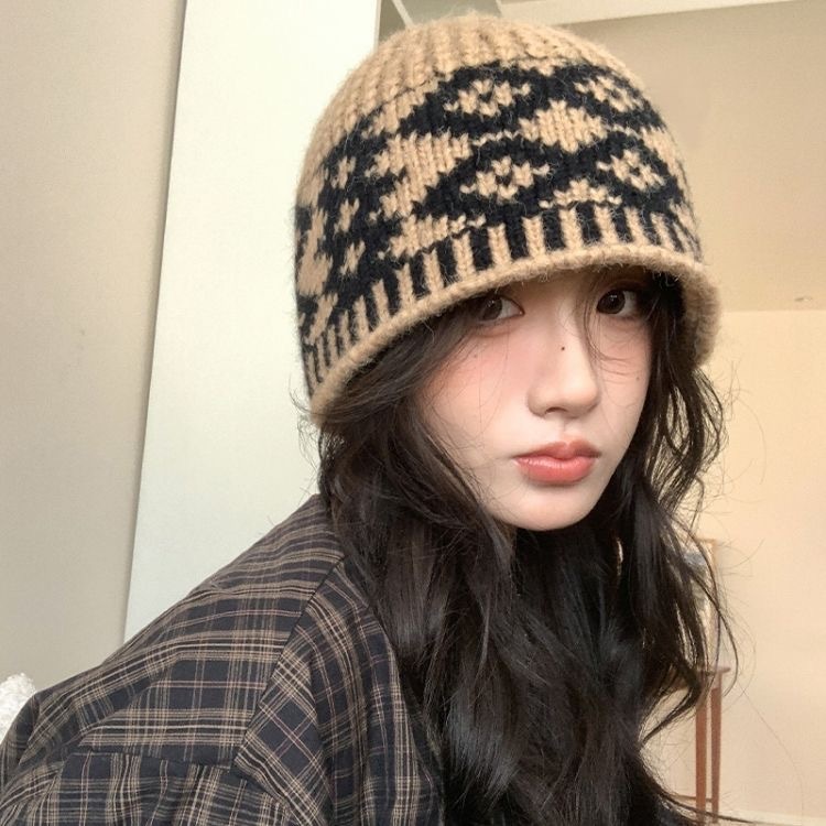 韩国新款小众设计感拼色菱形格针织渔夫帽女秋冬季毛线帽保暖帽子|undefined