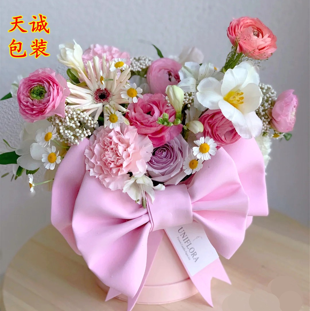 母亲节蝴蝶结抱抱桶迷你手捧花盒圆形鲜花插花桶diy蝴蝶结材料包