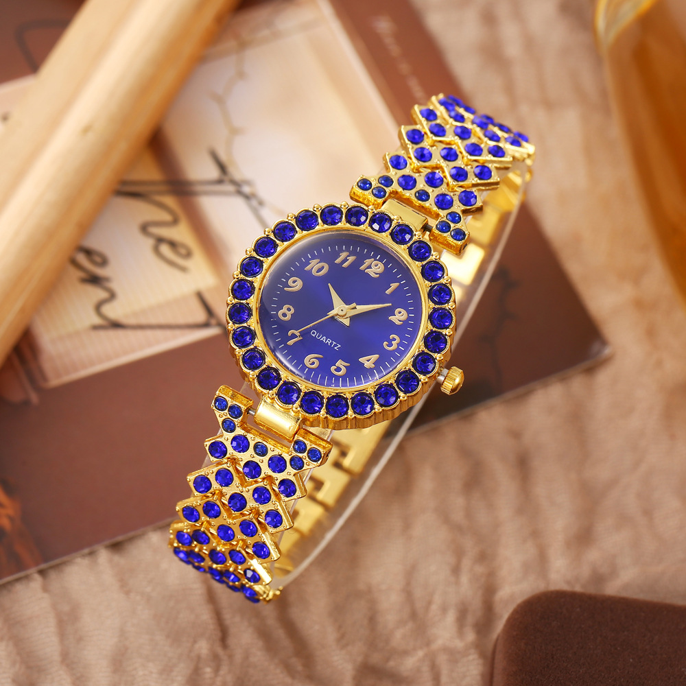 Trendy Foreign Trade Fashion Digital Pattern Diamond-Studded Women's Watch, Women's Gold-Blue Quartz Wristwatch Bracelet in Stock Wholesale