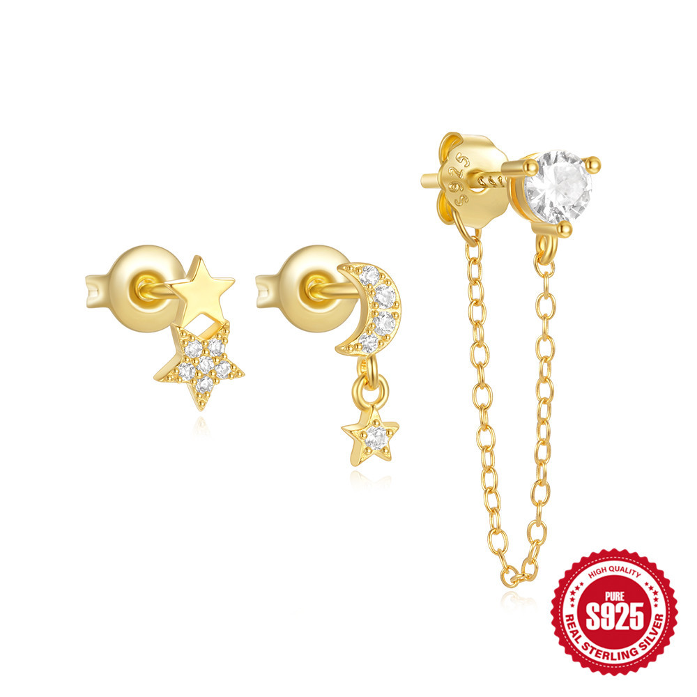 Moda europea y americana simple s925 plata esterlina estrella luna flor geométrica diamante clásico a juego diario traje de pendientes mujer