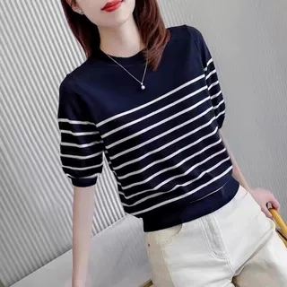 百搭薄款条纹针织衫新款短袖T恤女夏季圆领宽松显瘦减龄百搭上衣