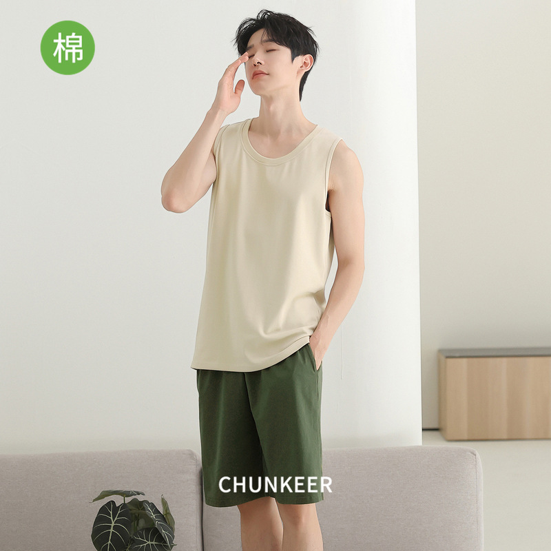 Summer Vest Pajamas Men's Set, Suitable for Outerwear, Round Neck, Thin Style, Simple Home Wear, Customizable with Logo and Print Summer Vest Pajamas Men's Set, Suitable for Outerwear, Round Neck, Thin Style, Simple Home Wear, Customizable with Logo and Print