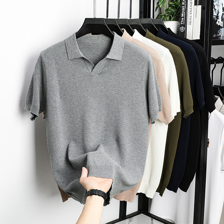 ¡Fibra fría japonesa! Camisa POLO de solapa para hombre de manga corta Camisa de gama alta de algodón Xinjiang casual todo fósforo