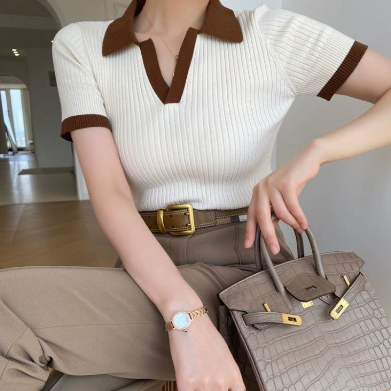 Футболка женская обычная французская высококлассная темпераментная рубашка поло летняя V-рукава