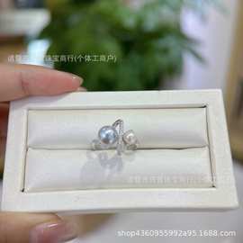 7-8mm天然海水真多麻珍珠戒指波浪双珠指环女纯银团购强光黑珍珠
