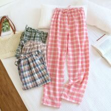 日系水洗棉睡裤纯棉女士长裤春秋夏季薄款宽松格子可外穿居家裤