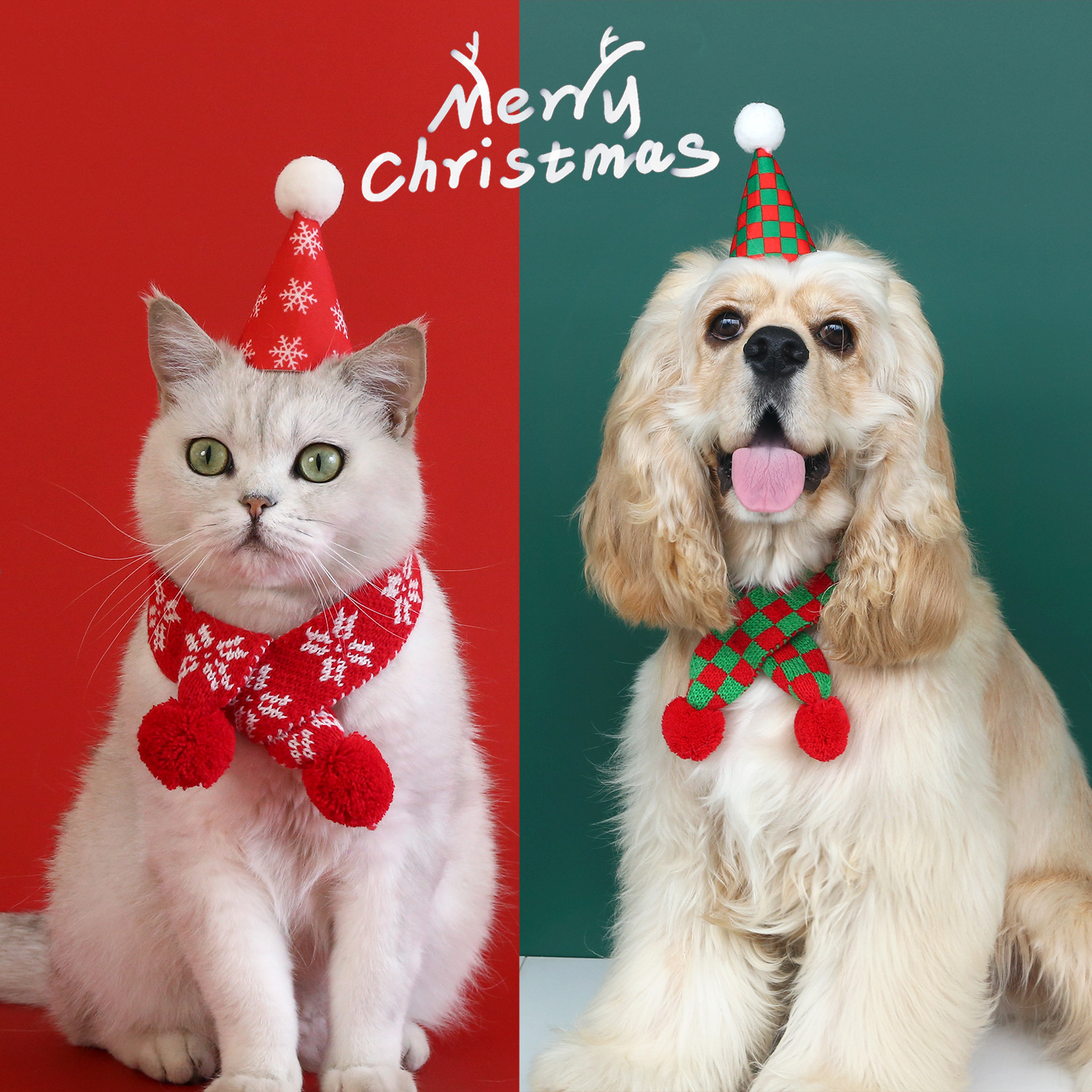 2024 mascotas set de Navidad gatos perros de madera cuadrilátero copo de nieve lana bufandas cuello gorra de pelo tridimensional toque