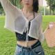 Summer hot girl French V-neck lace-up top fresh sweet outer cardigan mesh hollow knitted blouse short