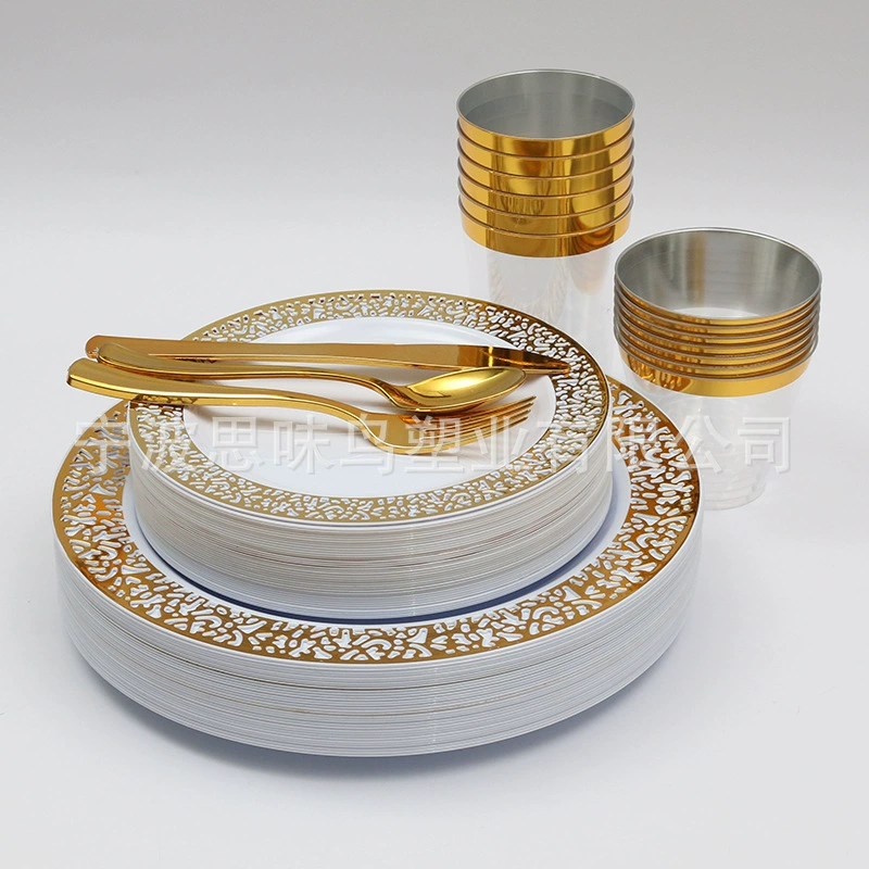 Заводская поставка одноразовой пластиковой тарелки ПС позолота полые круглые тарелки стейк Западная посуда