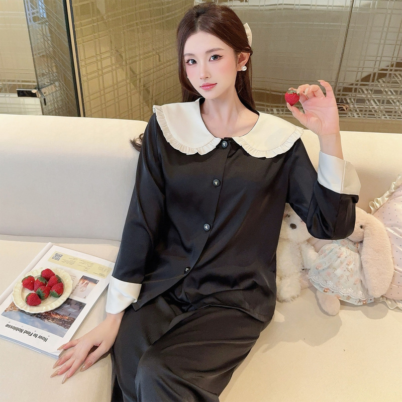 2026 New Spring and Autumn Pajamas for Women, Doll Collar Long-Sleeve Long-Pants Set, Ice Silk Fashion Black Slimming Loungewear