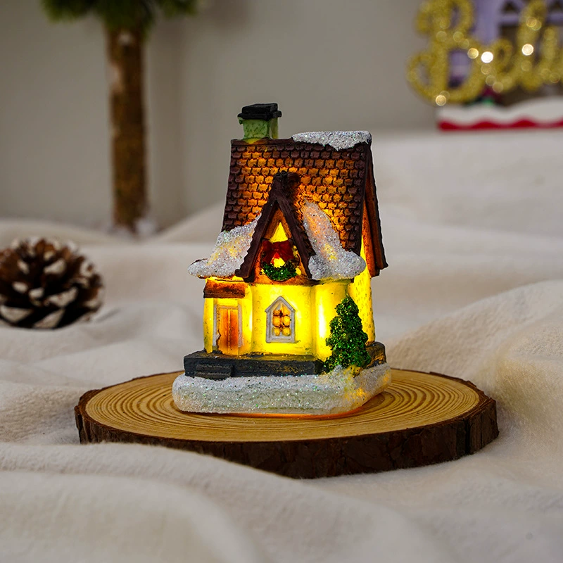 Miniature resin house decorations, micro landscape LED models, battery‑powered, assorted sizes 7–10 cm