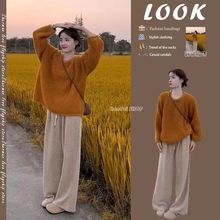 秋冬季女装新款韩版麻花针织衫甜美毛衣女慵懒风阔腿裤子两件套潮