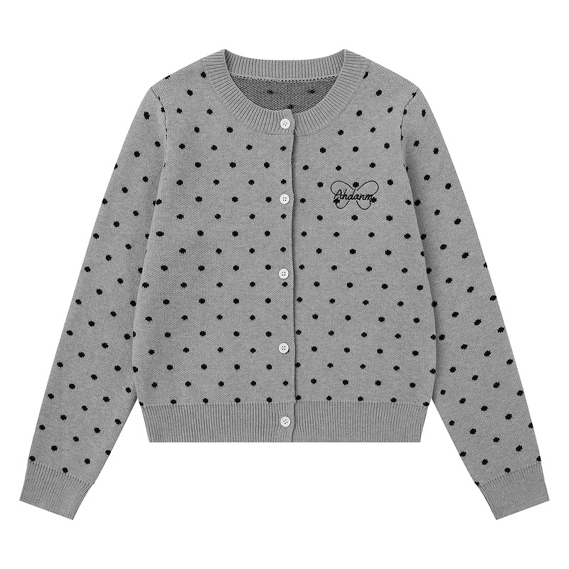 衣品男装韩系波点针织开衫女早秋季灰色长袖外套宽松休闲慵懒风潮