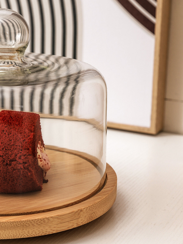 Wholesale Cake Tray Rotating Wooden Bread Snack Tasting Tray with Lid Cake Cover Transparent Glass Cover